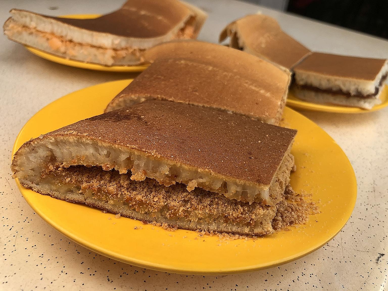 The pancakes have a honeycomb look and a springy texture stuffed with fillings that are not too sweet.