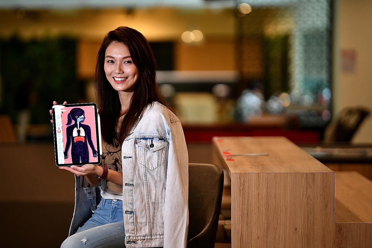 Actress Joanne Peh (above, with The Human Body app) uses digital devices to support the learning of her two children aged five and three. For example, when they read about birds in a book, she uses videos to let them hear the sounds birds make.