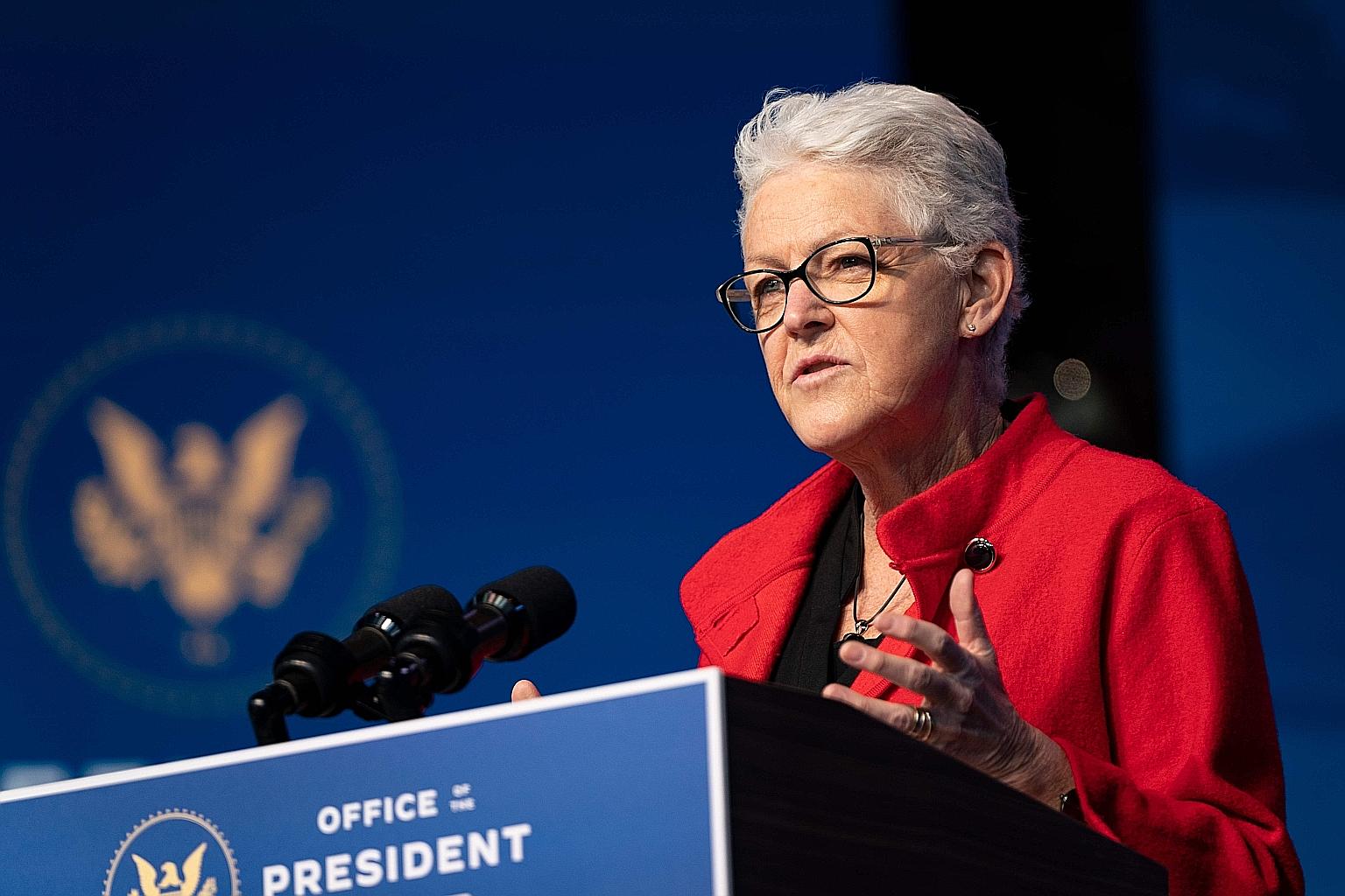 The White House's national climate adviser Gina McCarthy, seen here speaking in Delaware last month, told a virtual meeting of the US Conference of Mayors that "this week you're going to see us move forward with what's the vision of the future".