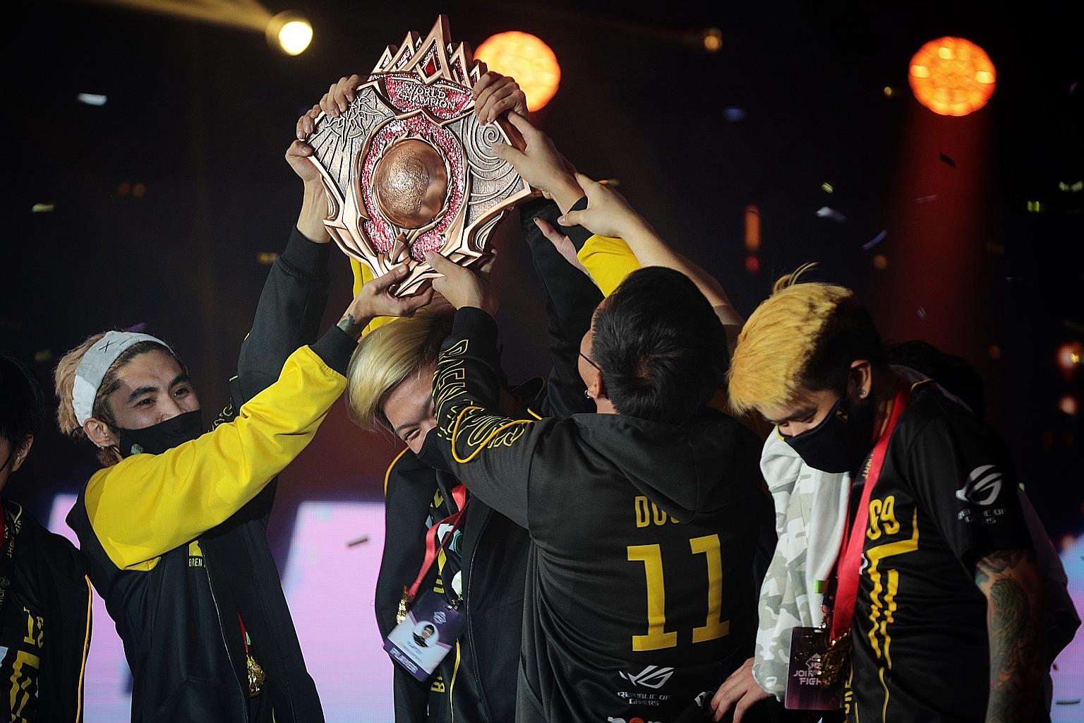 Winners Bren Esports from the Philippines celebrating their M2 World Championship title last night at the Shangri-La Hotel. Their share of the prize purse is as much as US$140,000 (S$186,000). The successful hosting of the event lifts Singapore's hop