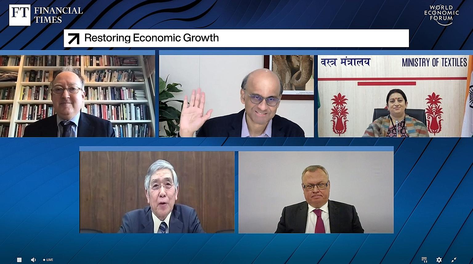 Clockwise, from top left: Financial Times associate editor Gideon Rachman, who was the moderator of a panel that comprised Senior Minister Tharman Shanmugaratnam, India's Minister of Women and Child Development and Textiles Smriti Irani, VTB Bank pre