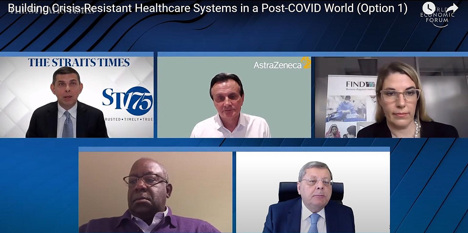 The panellists at yesterday's Davos Agenda virtual discussion were (clockwise from top left) Straits Times editor and moderator Warren Fernandez, AstraZeneca chief executive Pascal Soriot, Foundation for Innovative New Diagnostics CEO Catharina Boehm