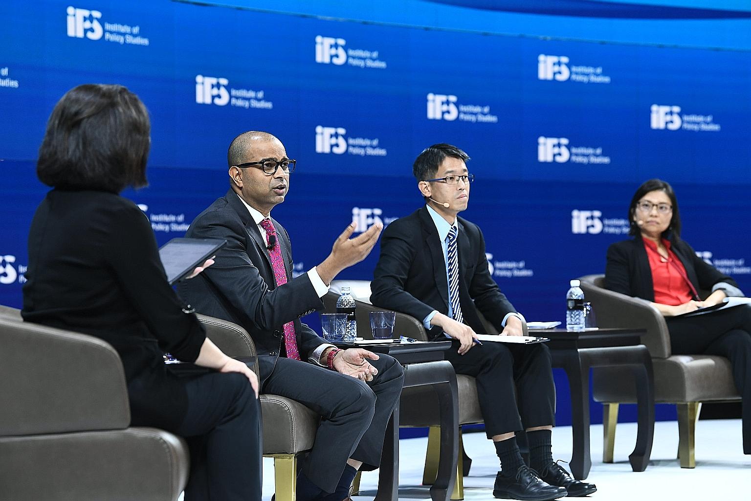 From left: IPS deputy director of research Gillian Koh, who moderated a session that was also streamed online, with Senior Minister of State Janil Puthucheary, Aljunied GRC MP Gerald Giam and NCMP Hazel Poa at the Singapore Perspectives 2021 conferen