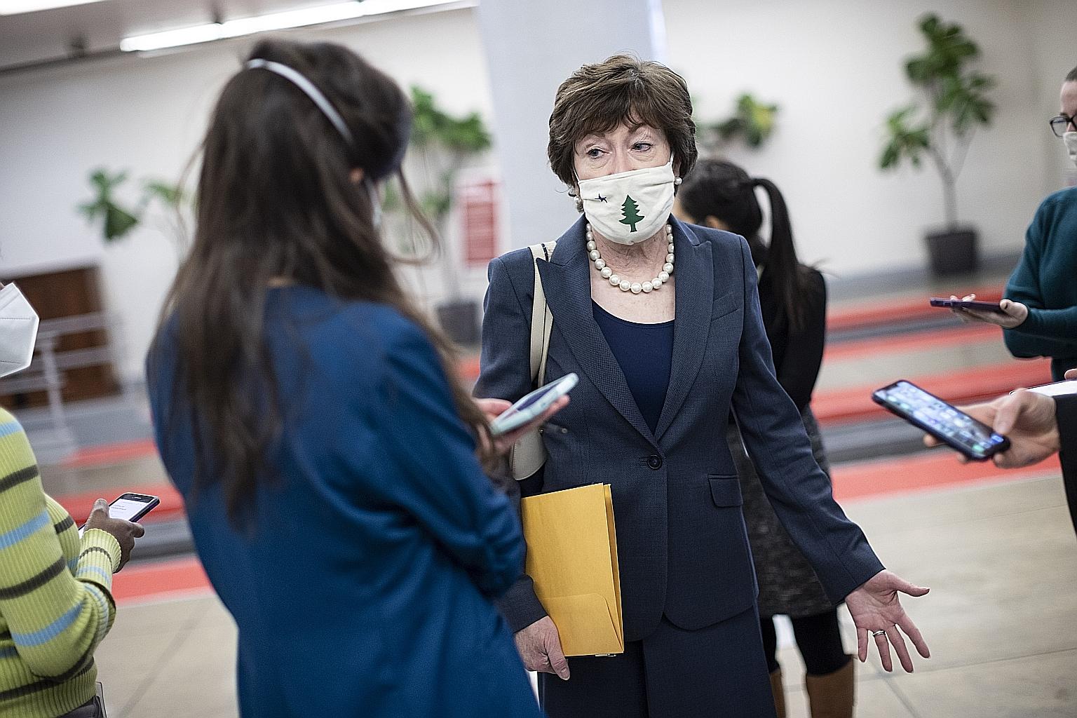 Republican Senator Susan Collins speaking to the media at the Capitol in Washington on Tuesday. She is one of the five Republicans who voted to proceed with the impeachment trial of former US president Donald Trump for "incitement of insurrection" .