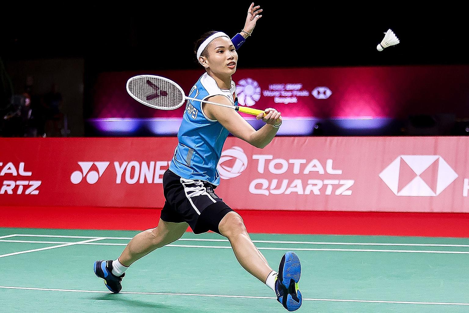 Chinese Taipei's Tai Tzu-ying on the way to edging out India's P. V. Sindhu 19-21, 21-12, 21-17 in their match at the World Tour Finals in Bangkok yesterday.