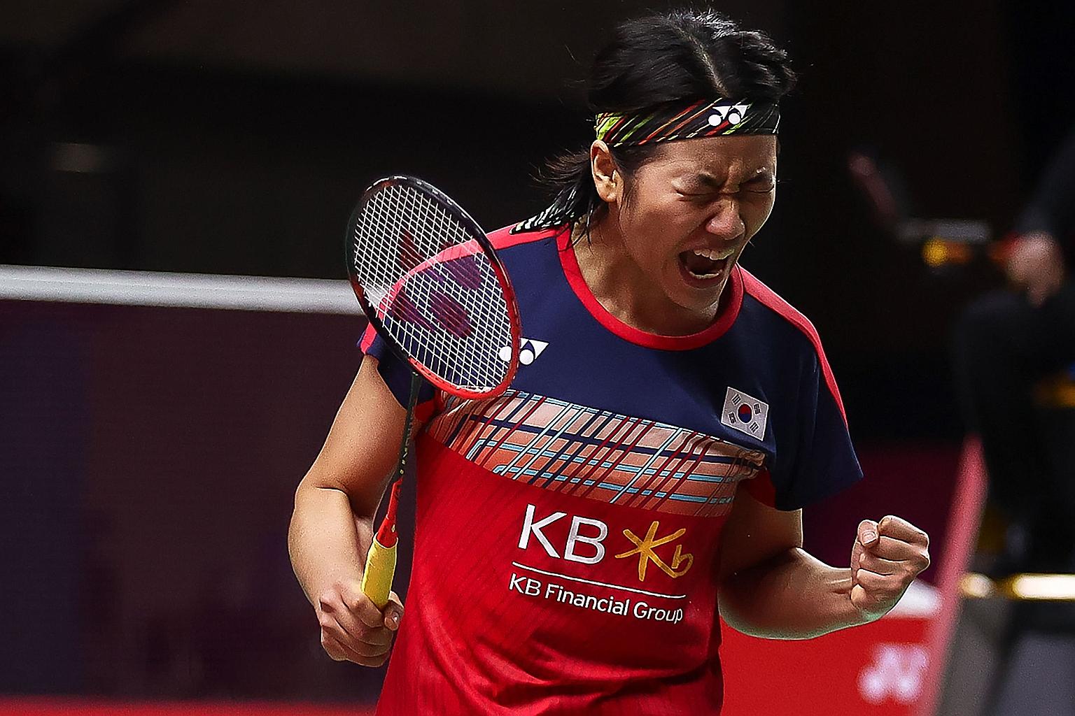 South Korean An Se-young celebrating her win over Carolina Marin at the World Tour Finals yesterday. It was her first victory over the Spaniard in Bangkok and second overall from six career meetings.
