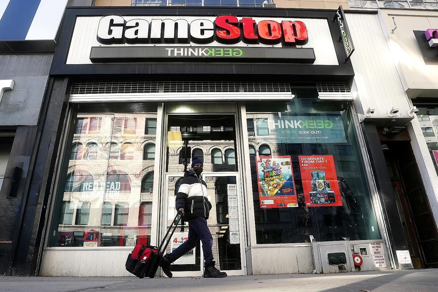 A GameStop store in the Manhattan borough of New York City. The so-called "Reddit rally" has inflated stock prices for GameStop and other previously downtrodden firms that individual investors championed on social media forums such as Reddit's Wallst