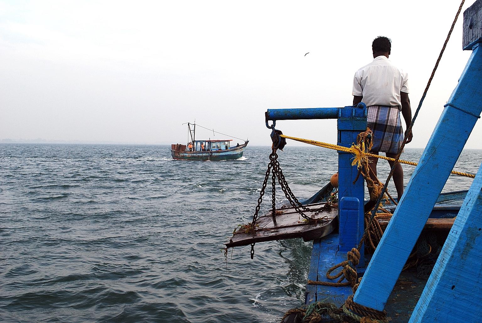 Fishermen from Pudukkottai on a trawler heading to the Palk Strait, where they frequently cross into Sri Lankan waters to get a better catch. Off the southern coast of India, the catch has fallen because of overfishing by trawlers. Sri Lanka has sugg