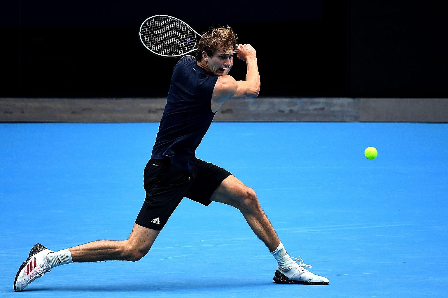 Alexander Zverev hitting a return during a practice session in Melbourne yesterday. The world No. 7 and US Open finalist will spearhead Germany in the ATP Cup, which starts on Tuesday.