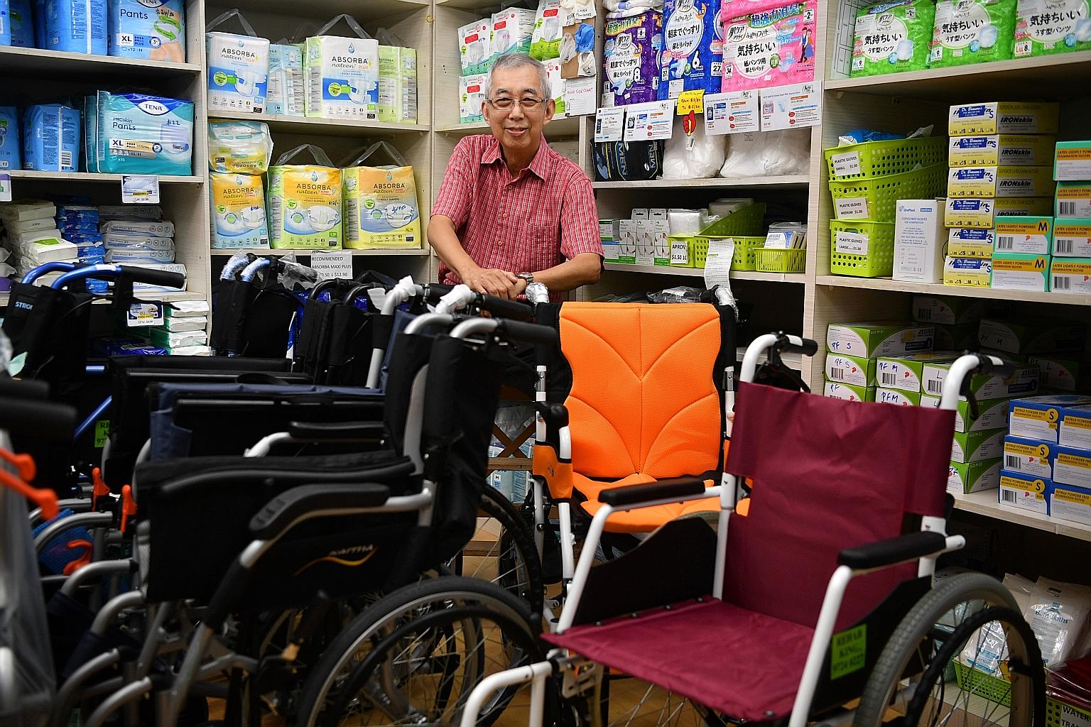 Mr Ronnie Loh, owner of Rehab King which sells eldercare products such as wheelchairs and diapers in Bukit Merah, says he finds meaning in helping his customers, most of whom are seniors or caregivers.
