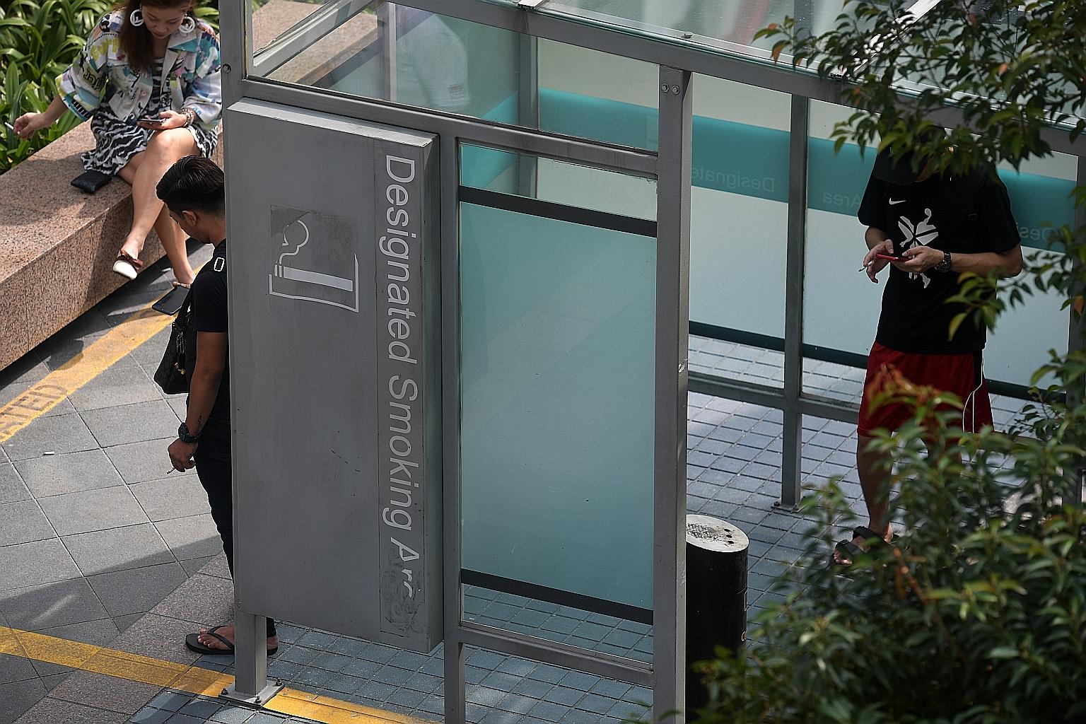 A designated smoking area in front of Far East Plaza in Scotts Road. The National Environment Agency has been progressively extending the prohibition of smoking to more places where the public is likely to be exposed to second-hand tobacco smoke.
