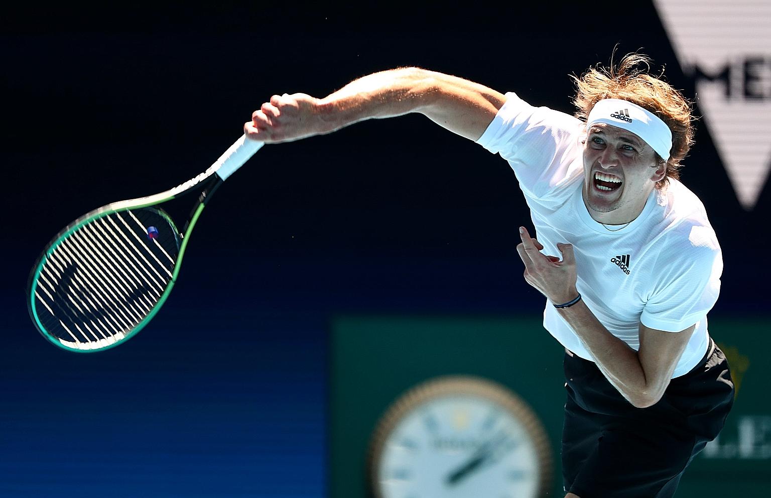 Alexander Zverev serving to Canadian Denis Shapovalov in their ATP Cup group-stage match yesterday. The German world No. 7 is highly fancied in Melbourne, having reached the US Open final a few months ago.