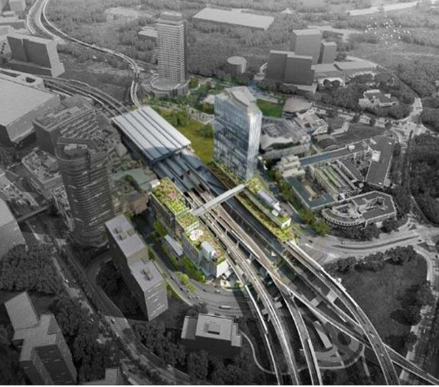 An artist's impression of the Jurong East integrated transport hub. In addition to the bus interchange, it will feature a 27-storey block connected by a sky bridge to an eight-storey podium building. PHOTO: LAND TRANSPORT AUTHORITY