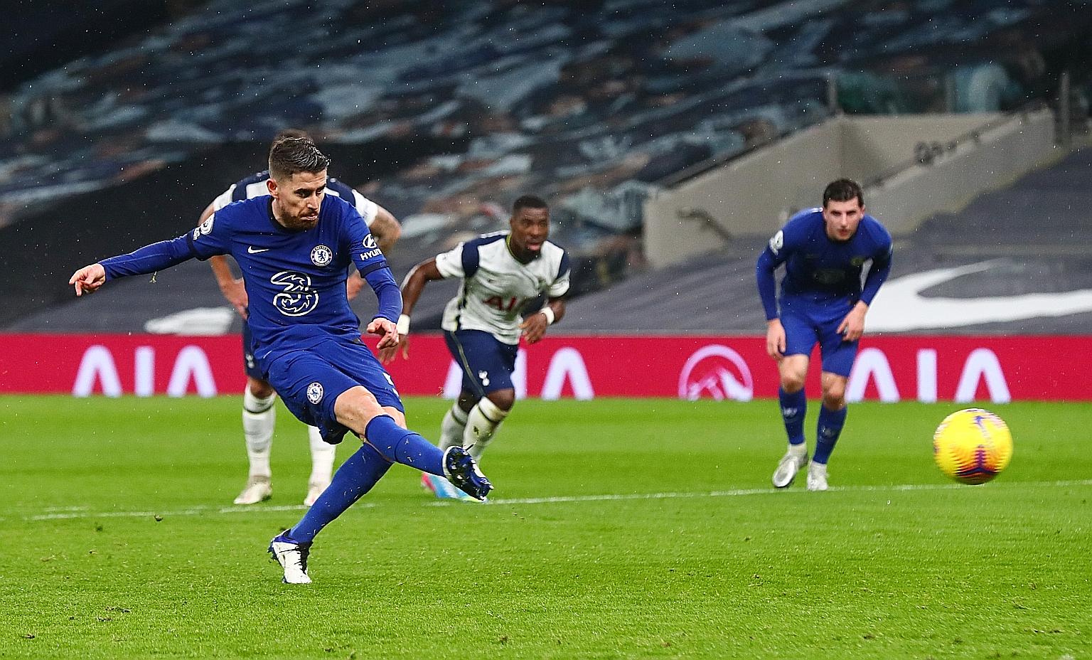 Chelsea midfielder Jorginho scoring from the penalty spot during the EPL match against Spurs at the Tottenham Hotspur Stadium on Thursday. Chelsea finished 1-0 winners.