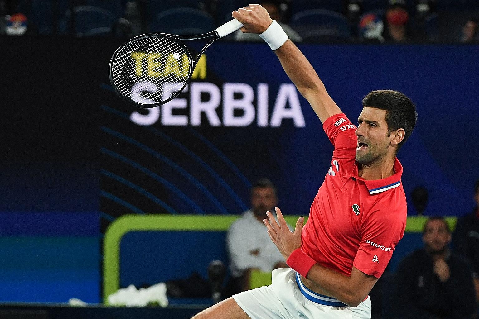Serbia's Novak Djokovic making a return during the deciding doubles against Germany in the ATP Cup. Partnering Nikola Cacic, he saw his 11-match winning streak in the competition end in the 7-6 (7-4), 5-7, 10-7 loss as the defending champions were de