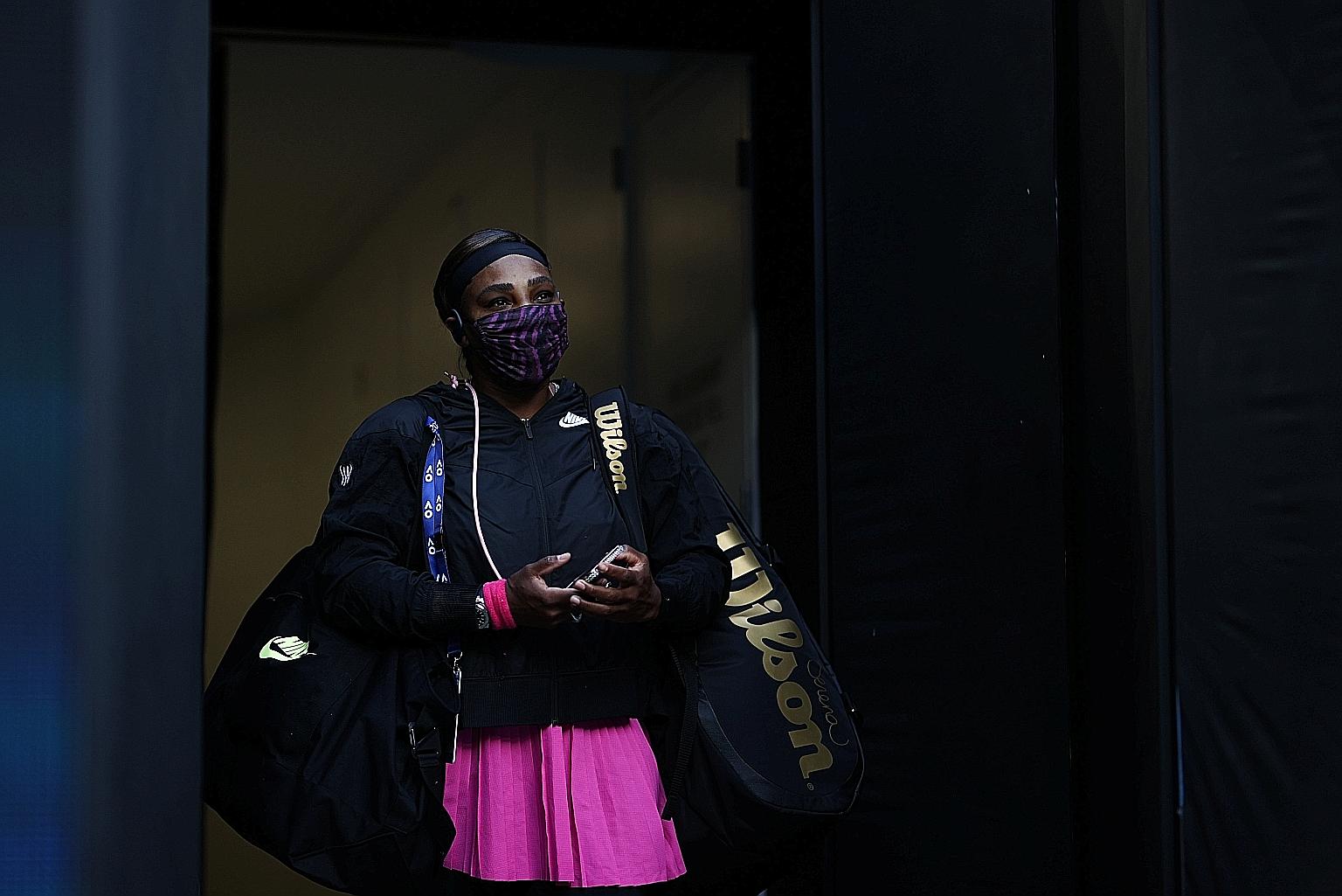 Serena Williams, in a protective face mask, going into court for the Yarra Valley Classic on Wednesday. She withdrew from the semi-finals on Friday, in which she was due to face Ashleigh Barty, indicating she was not fully fit.