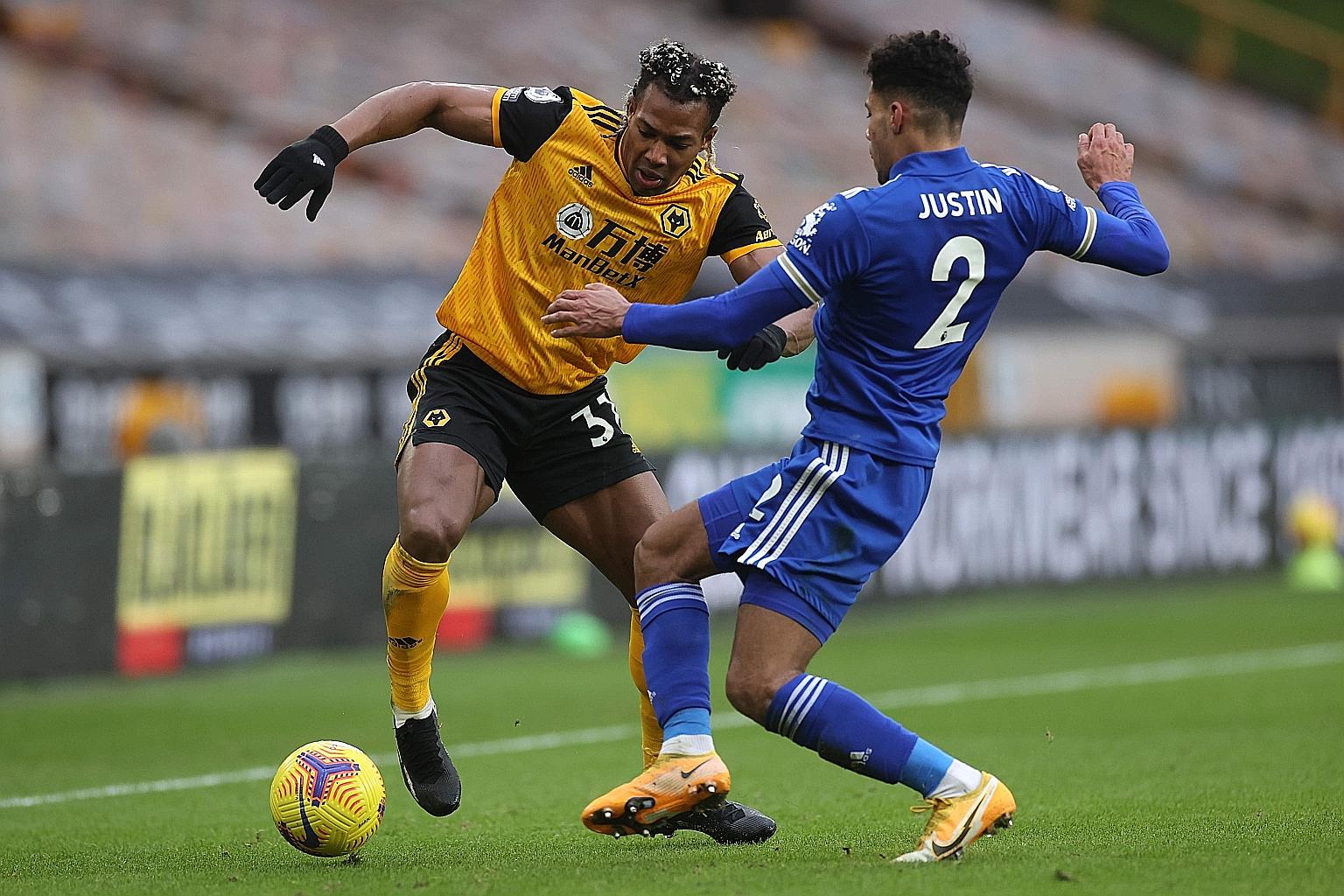 Wolves' Adama Traore outsmarting his marker James Justin on the wing, one of many times the Spanish attacker got the better of the Leicester defender at Molineux yesterday. But to Wolves' dismay, that would be the extent of their advantage over the F