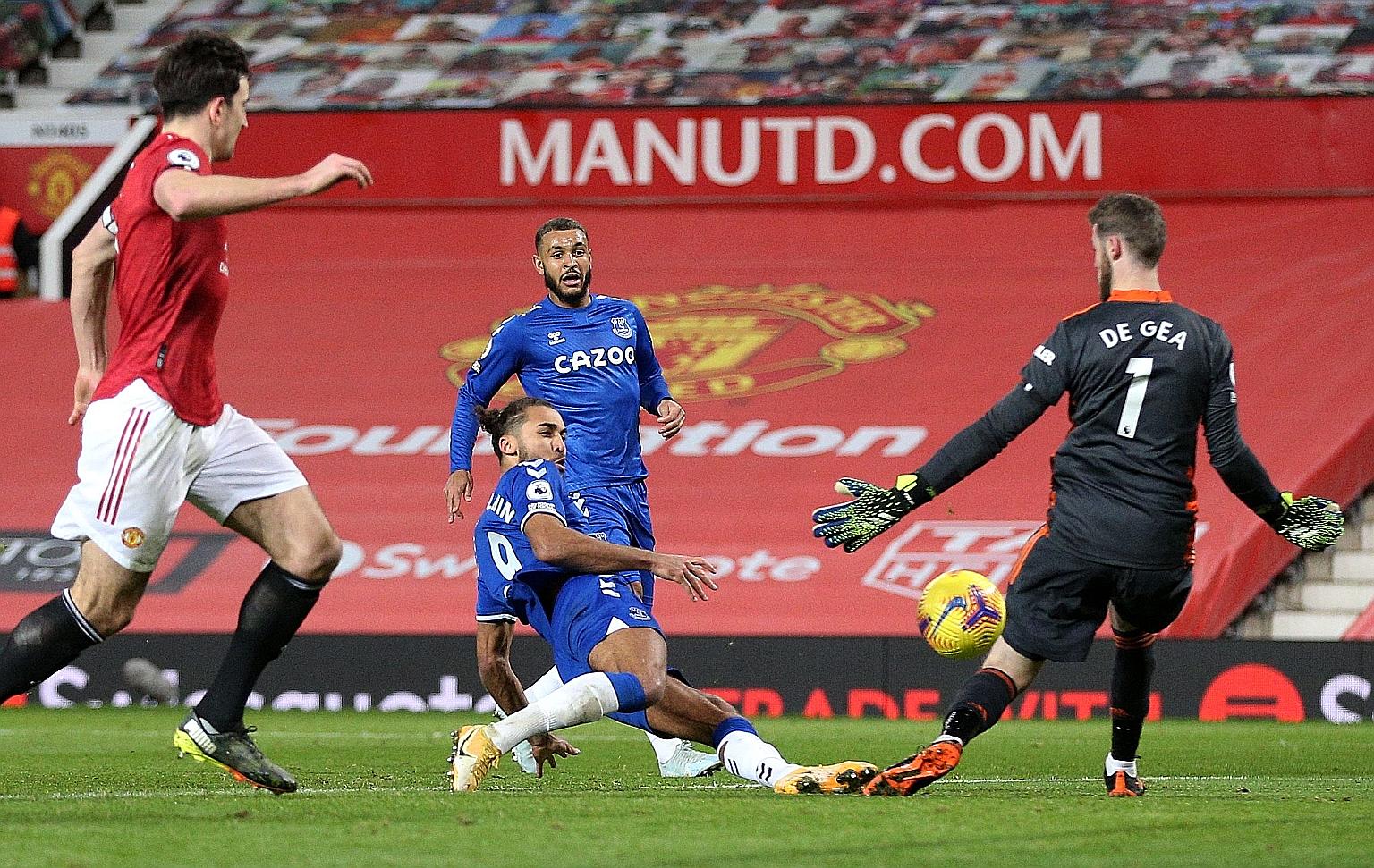 Everton striker Dominic Calvert-Lewin scoring past Manchester United custodian David de Gea with the last kick of the game to snatch a 3-3 draw at Old Trafford on Saturday, the 63rd anniversary of the Munich air disaster.