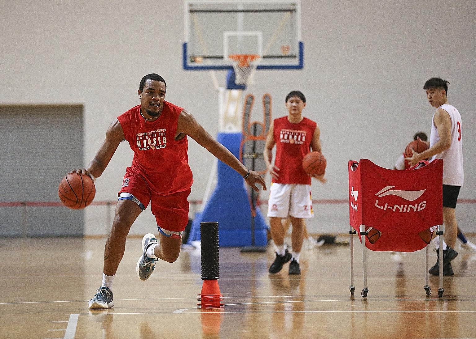 Xavier Alexander in one of the Singapore Slingers' thrice weekly training sessions at the OCBC Arena, as they await news of the upcoming ABL season. The 32-year-old spent 10 months with his family during the virus-enforced break in the US and has bee