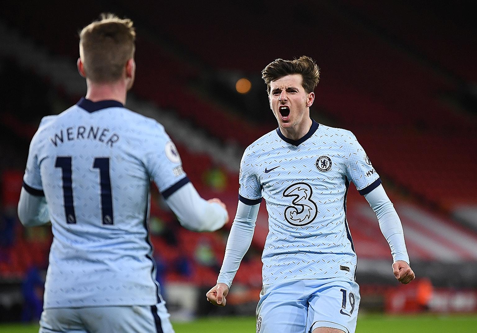 Chelsea's Mason Mount celebrating with Timo Werner after scoring the first goal in their 2-1 win at Sheffield United on Sunday.