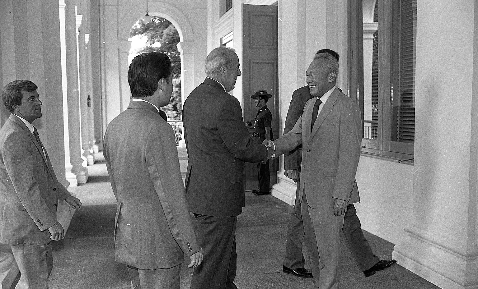 Then US Secretary of State George Shultz meeting then Singapore Prime Minister Lee Kuan Yew at the Istana in 1986, during a visit to the Republic. The two were close friends, said Prime Minister Lee Hsien Loong.
