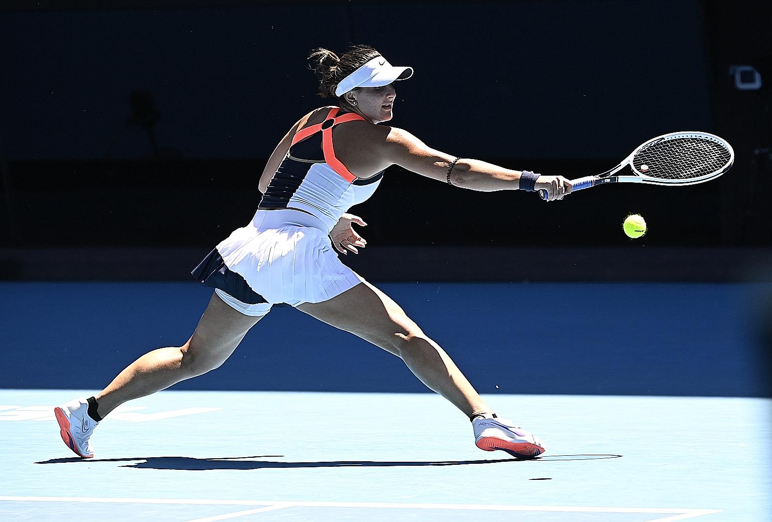 Bianca Andreescu stretching for a backhand return to Chinese Taipei's Hsieh Su-wei yesterday. While the Canadian looked rusty, she is glad to have put her injury problems behind her.
