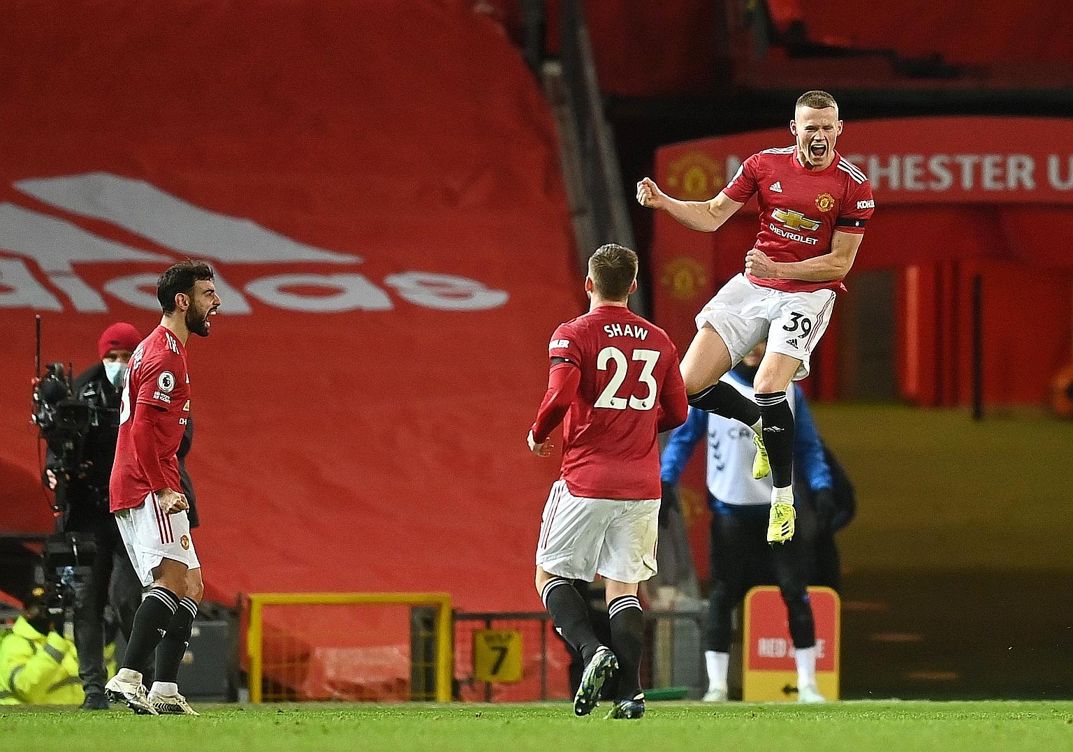 Manchester United's Scott McTominay celebrating after scoring their only goal in injury time against West Ham. United advanced to the last eight of the FA Cup.