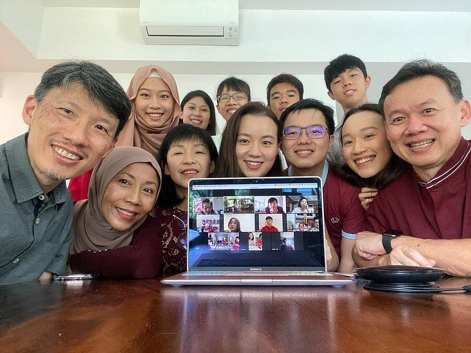 Ms Jue Wen Too (second from right) and her family, as well as her uncle's family, celebrated Chinese New Year over Zoom with relatives based overseas, including her great-grandmother who lives in Seremban, Malaysia.