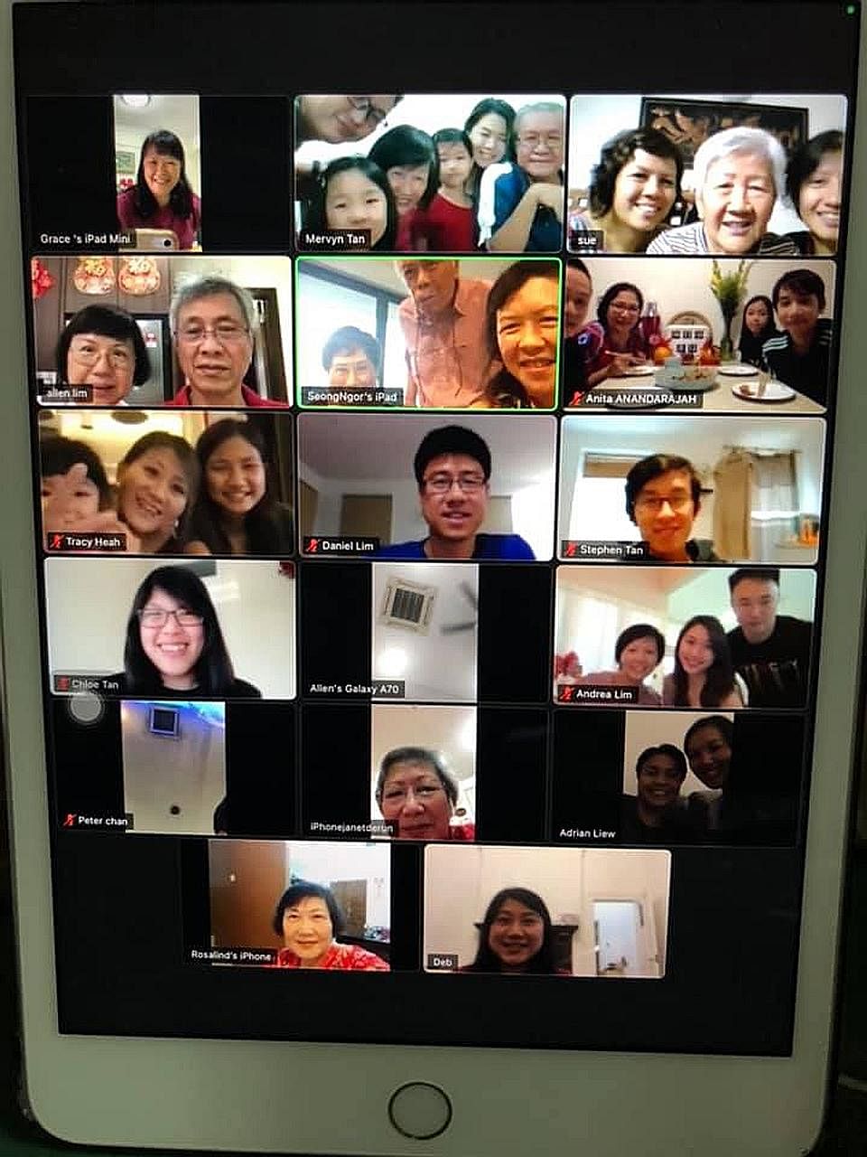 Retired school principal Peggy Lim (left in window outlined in green) having a virtual reunion with family members. Many of them live in different parts of Malaysia and in other places. PHOTO: PEGGY LIM