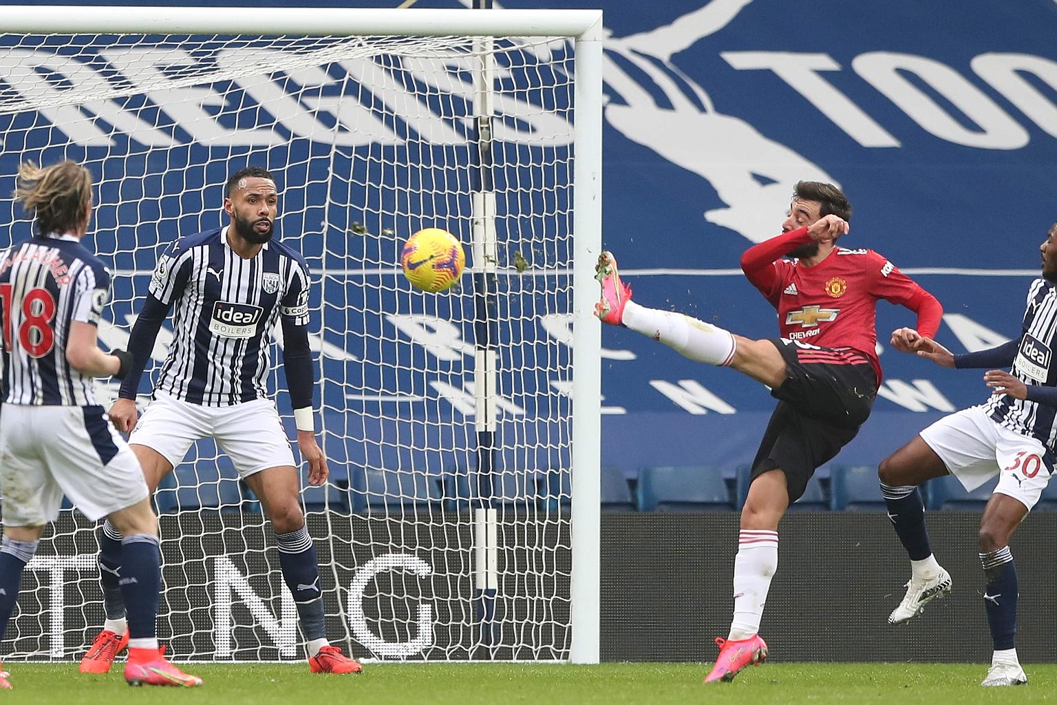 Bruno Fernandes volleying home on his weaker left foot against West Brom to equalise just before half-time. The midfielder's goal could not rouse Manchester United to a win, as the Baggies defence just about held the fortress for their first Premier 
