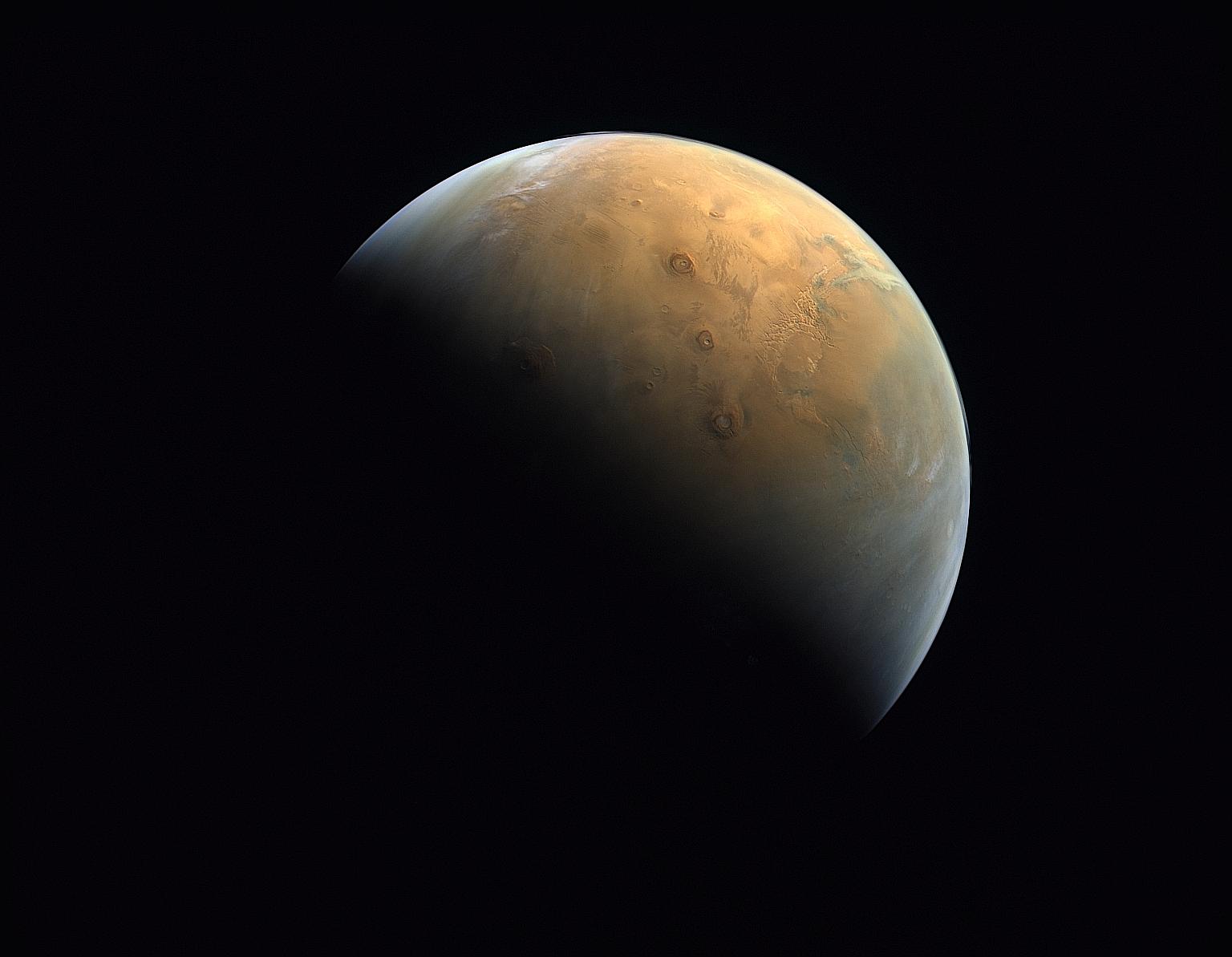 An image of Mars taken 24,700km above the planet's surface by the United Arab Emirates' "Hope" probe after entering its orbit last week.