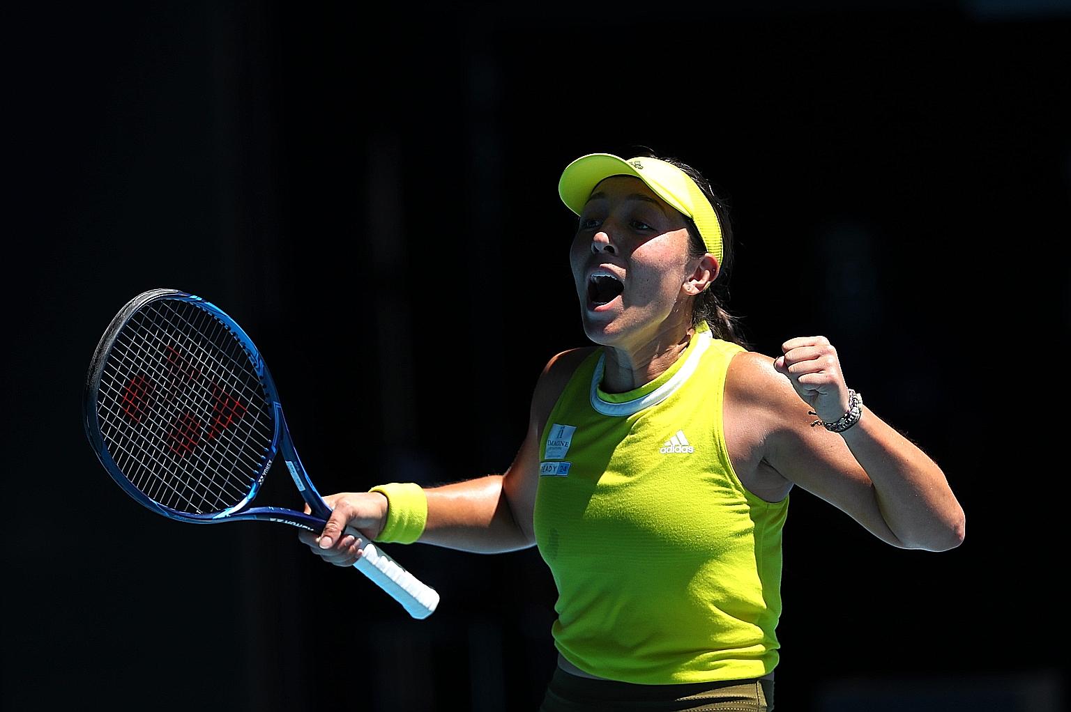 World No. 61 Jessica Pegula celebrating her 6-4, 3-6, 6-3 win over Ukraine's Elina Svitolina. The unseeded American took a page out of the long-suffering Buffalo Bills' playbook after the NFL side featured in last month's AFC championship game.