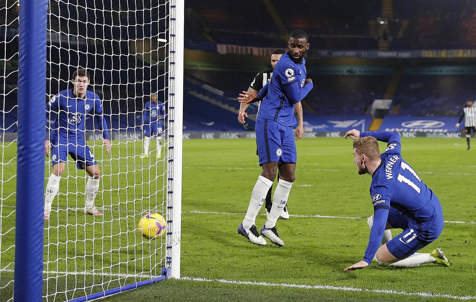 Timo Werner scoring to put Chelsea 2-0 up against Newcastle on Monday. It was the Germany striker's first top-flight goal since Nov 7.
