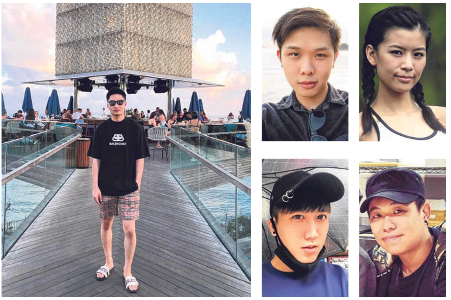 Clockwise from far left: Mr Elvin Tan; Mr Jonathan Long; Mr Long's girlfriend Raybe Oh; Mr Eugene Yap; and Mr Gary Wong. The fifth man who died in the crash was Mr Wilson Teo. Ms Oh suffered severe burns while trying to save them. PHOTOS: FACEBOOK, K
