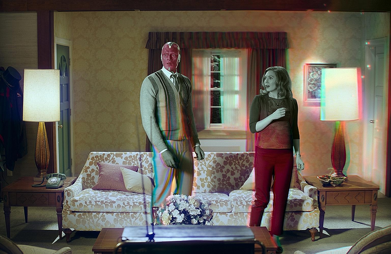 Paul Bettany and Elizabeth Olsen (both left) as Vision and the Scarlet Witch in WandaVision.
