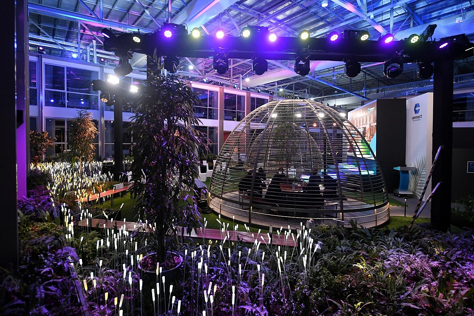 Connect@ Changi's amenities include a courtyard (left), gym pods and specially designed meeting rooms. Room rates at the four-star facility start at $384, which is inclusive of three meals, mini-bar, toiletries, Wi-Fi, two-way airport transfer as wel