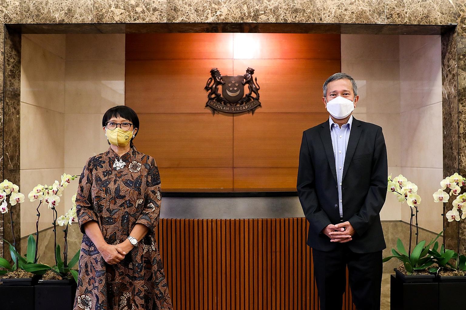 Foreign Minister Vivian Balakrishnan met his Indonesian counterpart, Ms Retno Marsudi, in Singapore yesterday to exchange views on the ongoing developments in Myanmar.