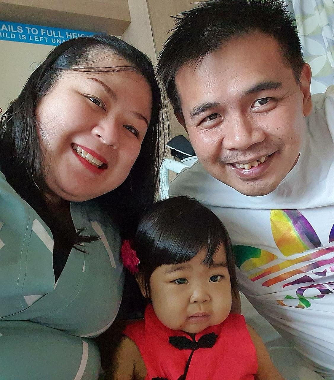 Ms Vicky Cheng and Mr Roger Wong with their 17-month-old daughter Raenelle, who was diagnosed with biliary atresia soon after birth and needed a liver transplant. Ms Cheng made an urgent plea for help on Facebook, and the National University Hospital