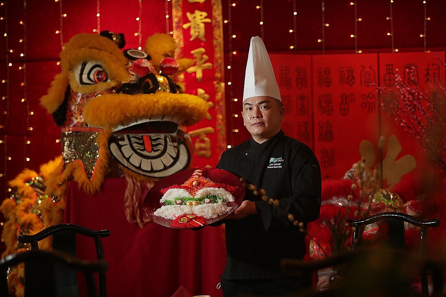 Executive chef Ricky Liew with his lion head yusheng at Peony Jade @ Keppel Club. In view of a muted Chinese New Year with most lion dances called off this year, the chef hopes to recreate the festive spirit by bringing the lion dance to homes in the