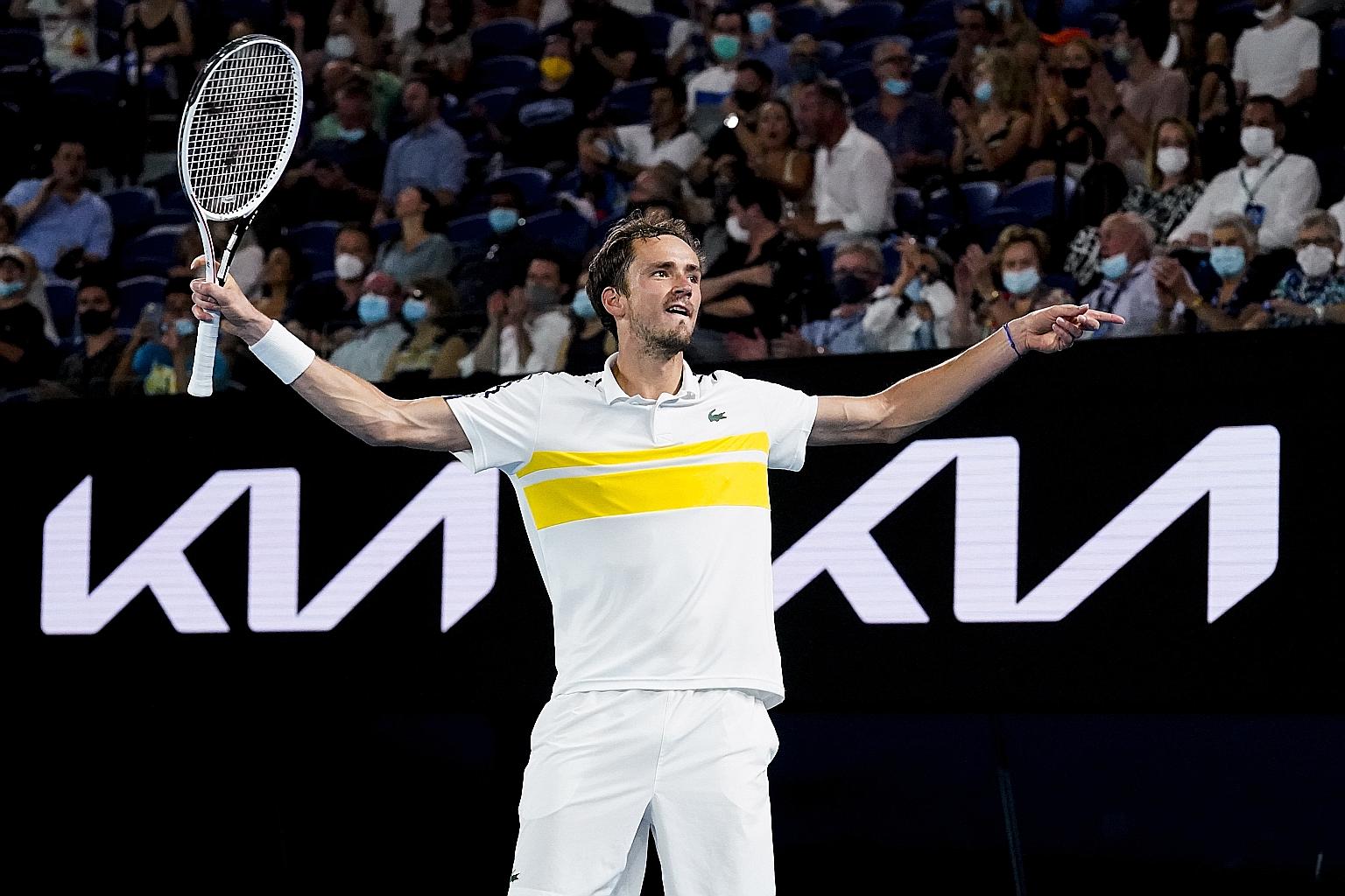 Russian Daniil Medvedev celebrating after silencing Greek fans at Melbourne Park with a 6-4, 6-2, 7-5 demolition of Stefanos Tsitsipas in the Australian Open semi-final yesterday.