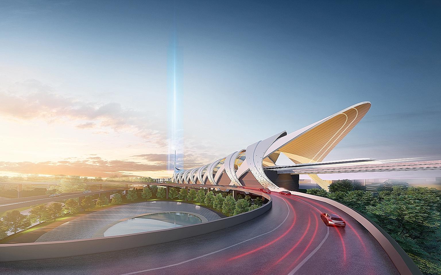 An artist's impression of the Johor Baru-Singapore Rapid Transit System Link Station in Bukit Chagar. The design of the station, titled Integration Of Two, signifies Johor and Singapore's relationship and history, said Malaysia's Mass Rapid Transit C