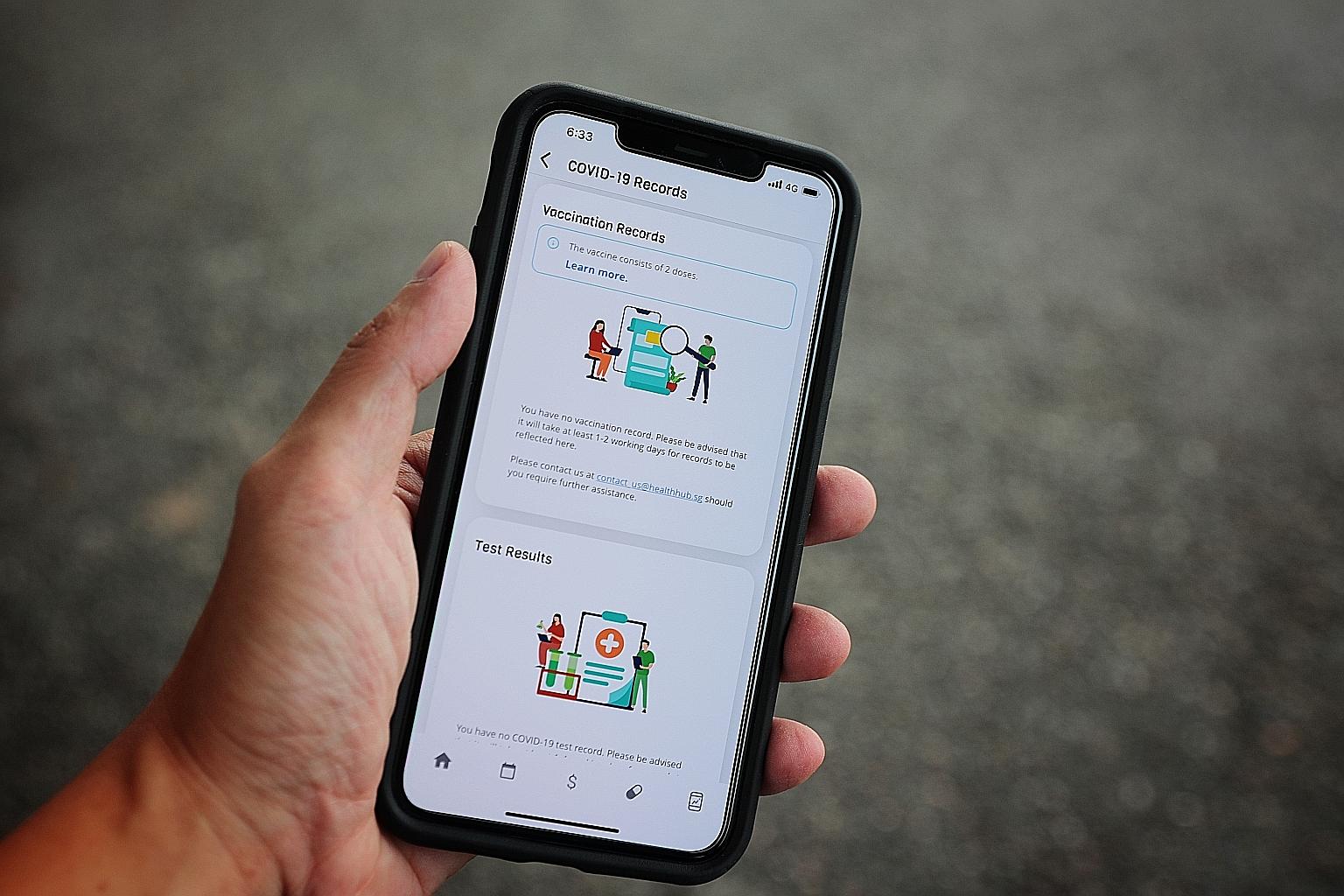 The HealthHub app allows users to view Covid-19-related records in one place by clicking on the "Covid-19 Records" tab in the app.