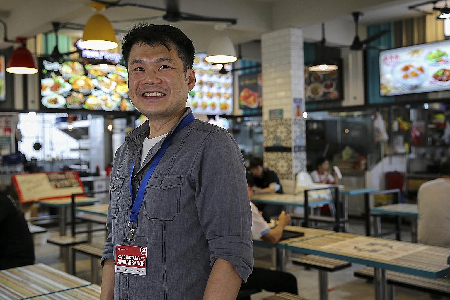 Mr Adrian Goh has been seconded from Hotel Grand Pacific as a safe distancing ambassador since October. He has a regular circuit that takes him through residential areas and coffee shops in Eunos, Aljunied, Geylang, Paya Lebar and Marine Parade, and