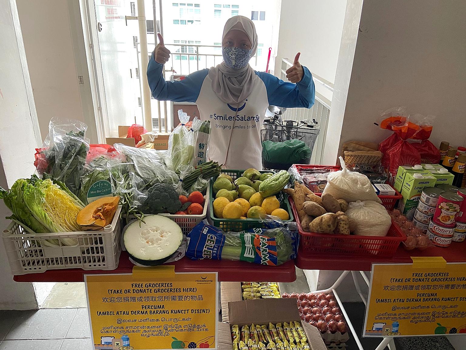 Ms Azlina Ahmad's The Pop-Up Grocery initiative allows beneficiaries of food rations to donate those they do not use and to pick up other food rations and fresh produce more suited to their needs. It was first organised last August in Bedok, where Ms