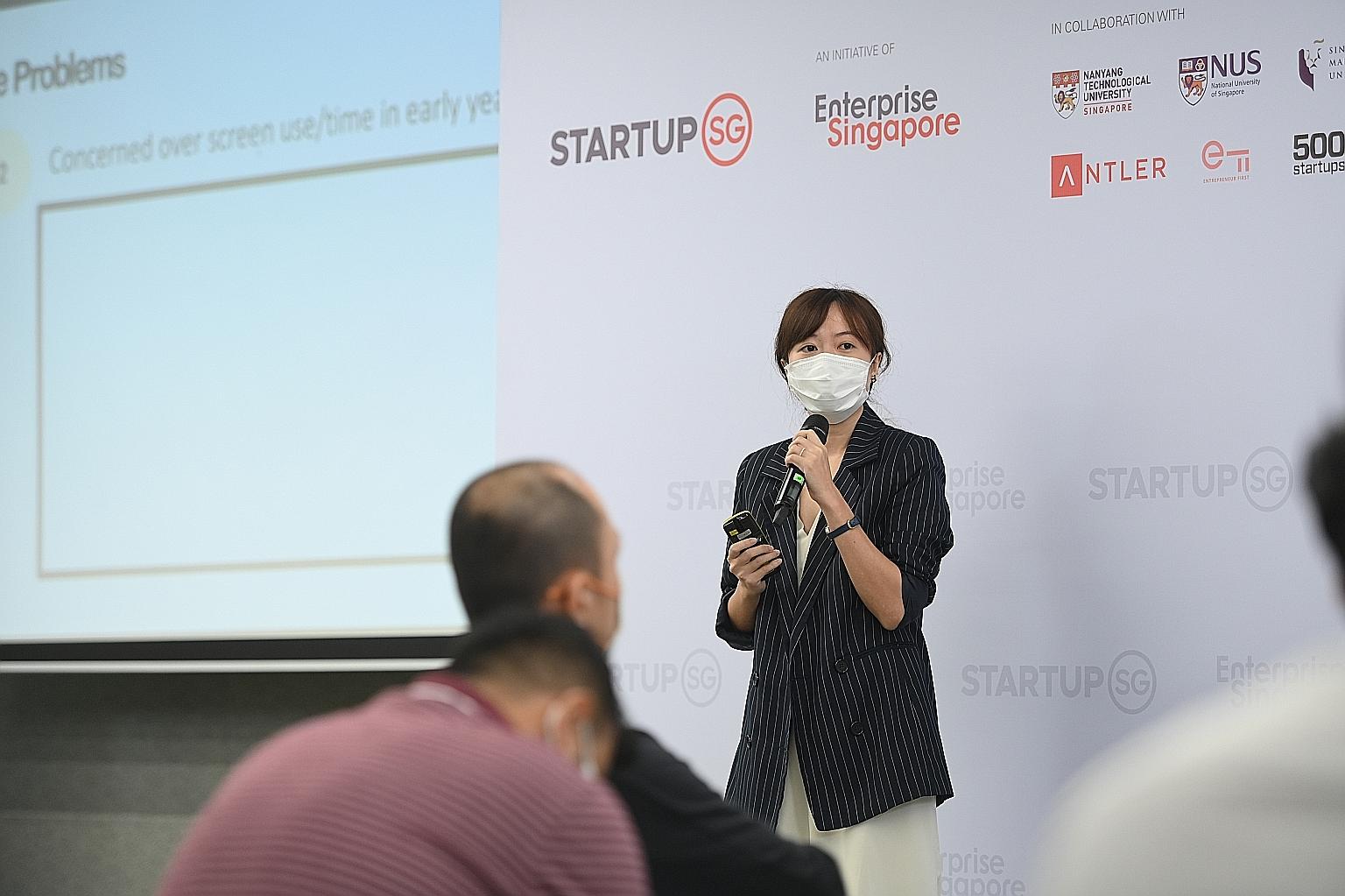 Ms Melissa Ng, founder of Hummus Education, giving her pitch at Founder Ignite, which allows 14 teams to present their start-up ideas to a panel of judges. Her team came up with the idea of an early childhood edutech platform, with voice-driven inter