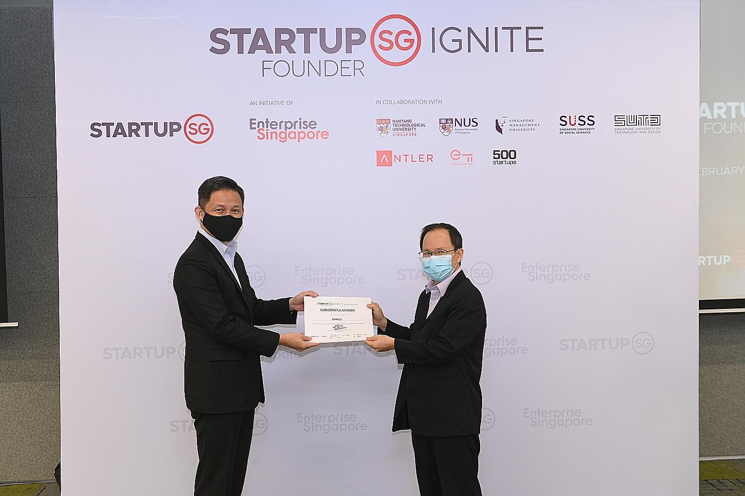 Mr Michael Lim receiving his award from Trade and Industry Minister Chan Chun Sing at Founder Ignite yesterday. His idea to build a platform to address the rising need for soft foods was inspired by their availability in local flavours in Hong Kong,