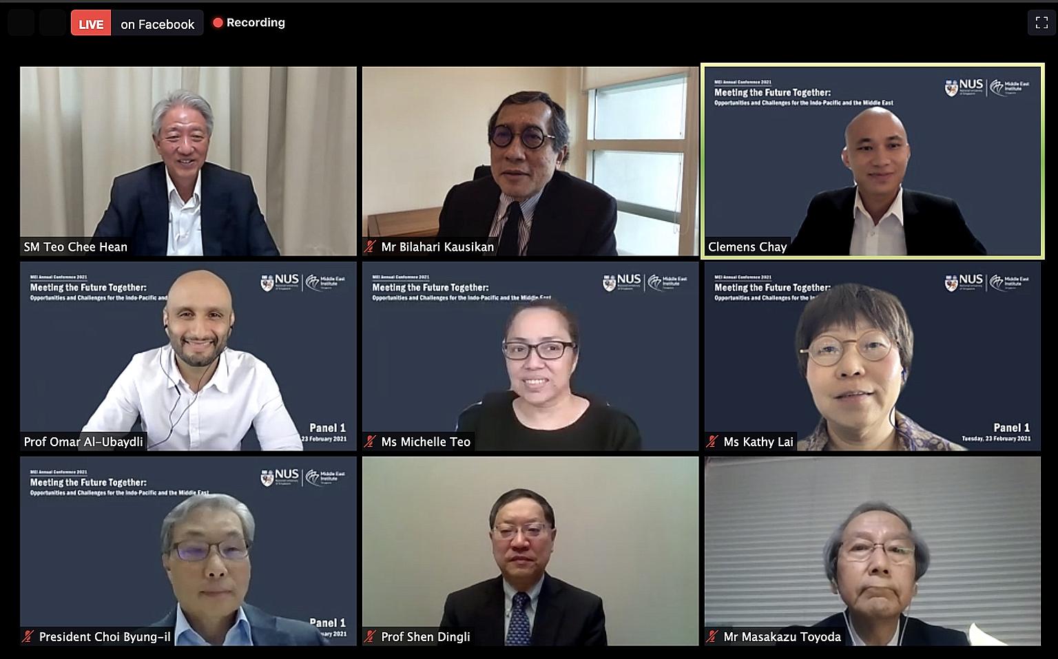 Participants at the conference included Senior Minister Teo Chee Hean (top row, left); chairman of the Middle East Institute Bilahari Kausikan (top row, centre), who moderated the question-and-answer session; executive director of the Middle East Ins