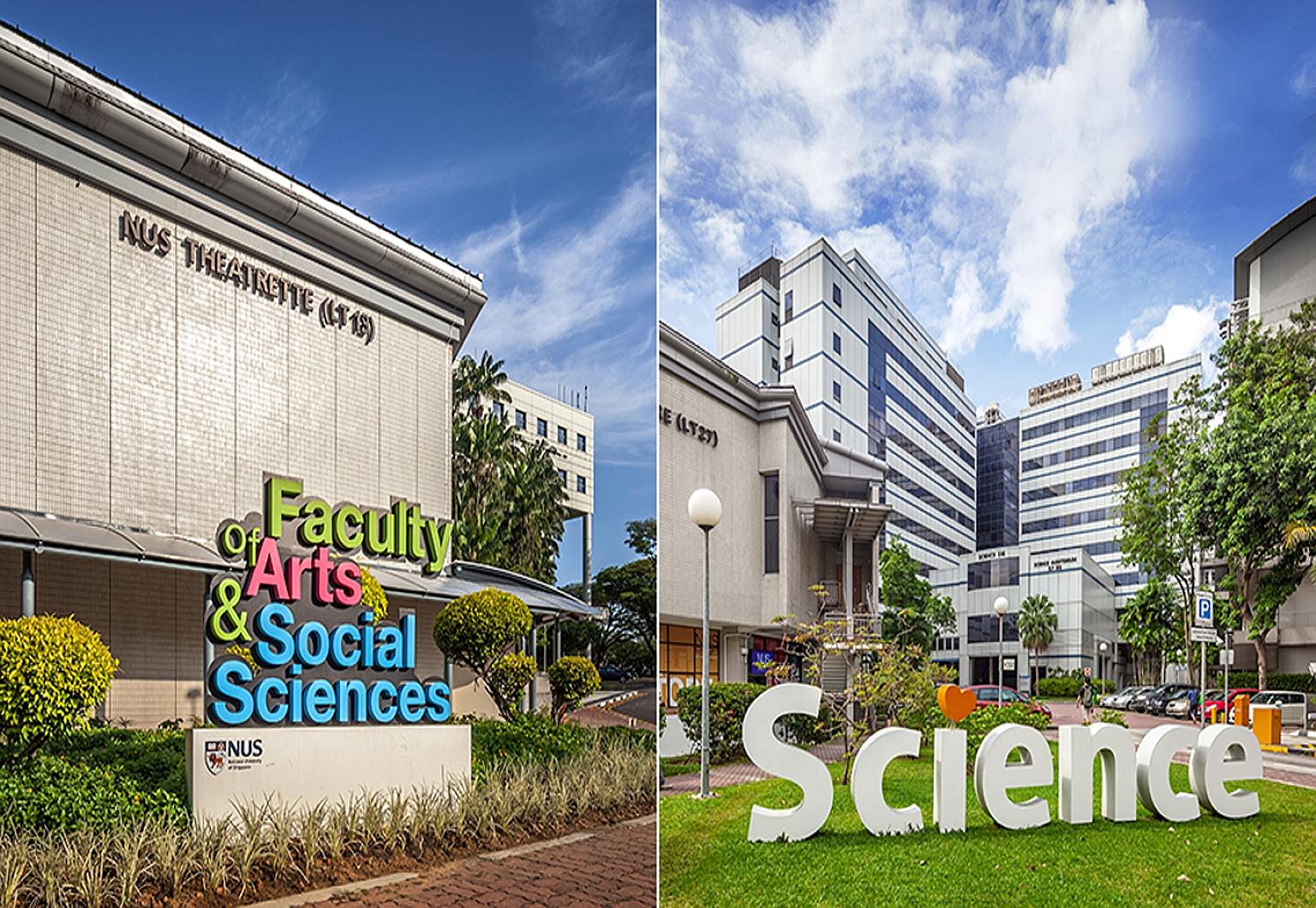 (Top) The Faculty of Arts and Social Sciences and the Faculty of Science at the National University of Singapore. (Above) NUS president Tan Eng Chye mingling with students before the Covid-19 pandemic.