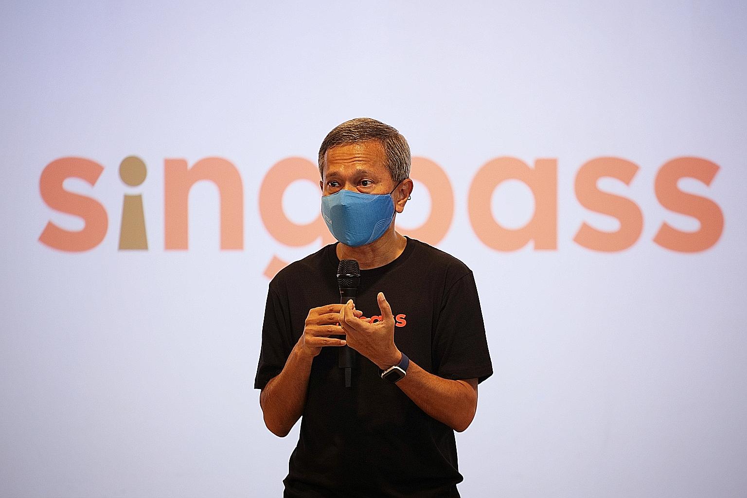 Minister-in-charge of the Smart Nation Initiative Vivian Balakrishnan speaking at the SingPass rebranding event yesterday with the new logo behind. Transactions facilitated by SingPass last year doubled to over 170 million, as more turned to digital