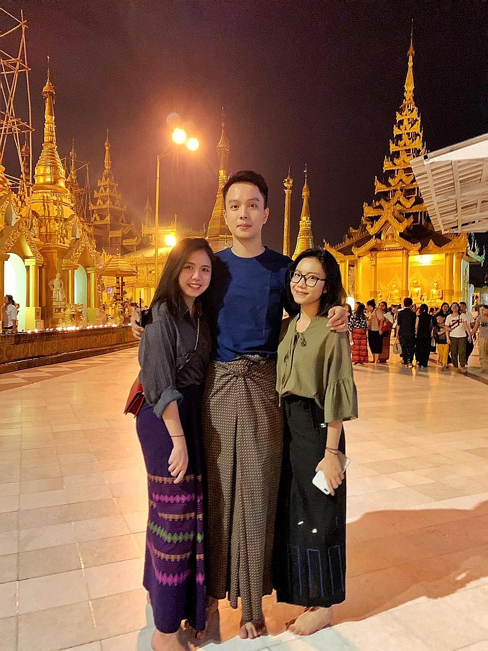 Project executive Phoo Ngon Lin (far left), a permanent resident here, with her friends at Shwedagon pagoda in 2019. Angry that the military is using lethal weapons on unarmed protesters, she has started a website to give information on the death tol